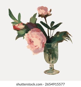 A digital painting of a floral arrangement in a glass vase. The flowers are pink and lush, with green leaves. The painting style is abstract and colorful. Vintage flower illustration vector.