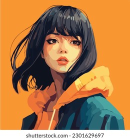 A digital painting of a Girl. Anime style. Vector illustration, digital brush, face young girl anime style character vector illustration design. 