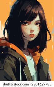 A digital painting of a Girl. Anime style. Vector illustration, digital brush, face young girl anime style character vector illustration design. 