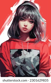 A digital painting of a Girl. Anime style. Vector illustration, digital brush, face young girl anime style character vector illustration design. 