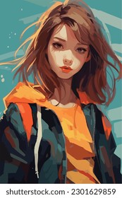 A digital painting of a Girl. Anime style. Vector illustration, digital brush, face young girl anime style character vector illustration design. 