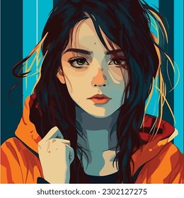 A digital painting of a Girl. Anime style. Vector illustration, digital brush, face young girl anime style character vector illustration design. 