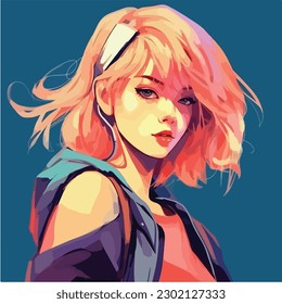 A digital painting of a Girl. Anime style. Vector illustration, digital brush, face young girl anime style character vector illustration design. 