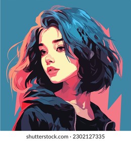 A digital painting of a Girl. Anime style. Vector illustration, digital brush, face young girl anime style character vector illustration design. 