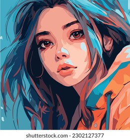 A digital painting of a Girl. Anime style. Vector illustration, digital brush, face young girl anime style character vector illustration design. 