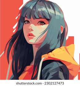 A digital painting of a Girl. Anime style. Vector illustration, digital brush, face young girl anime style character vector illustration design. 