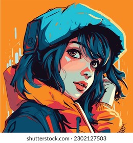 A digital painting of a Girl. Anime style. Vector illustration, digital brush, face young girl anime style character vector illustration design. 