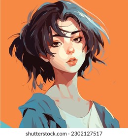 A digital painting of a Girl. Anime style. Vector illustration, digital brush, face young girl anime style character vector illustration design. 