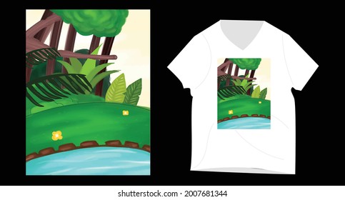 Digital Painting of green forest and t-shirt mockup
