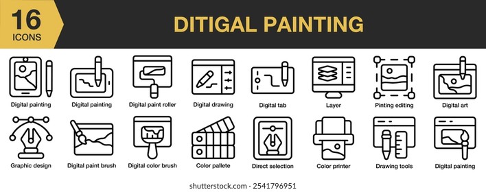 Digital Painting icon set. Includes color pallette, printer, digital art, color brush, drawing, and More. Outline icons vector collection.