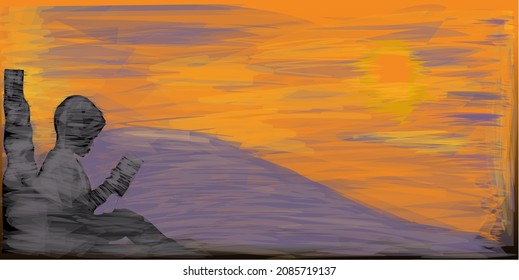 digital painting illustration, small child leaning against a tree while reading a book, during golden hour, good for interior room