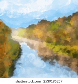 A digital painting in an impressionistic style depicting a calm river landscape.