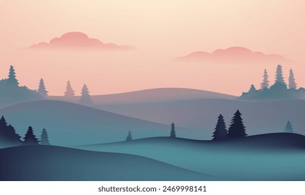 a digital painting of a landscape with mountains and clouds.