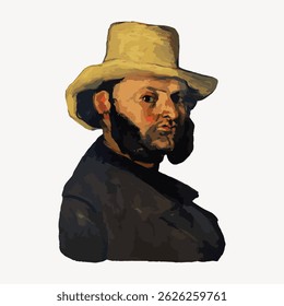 Digital painting of a man in a hat, with a serious expression. The artwork features bold colors and strong brushstrokes, creating a classic portrait style. Vintage character art illustration vector.