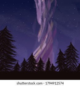 digital painting of milky way in the night sky and pine-trees, vector file.
