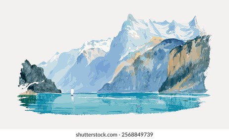 Digital painting of mountain landscape with snow-capped peaks, calm blue lake, and rocky cliffs. Peaceful mountain scene with tranquil water and majestic peaks. Vintage illustration isolated, vector.