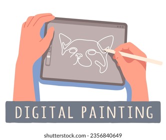 Pintura digital en tableta gráfica. Manos de la persona esbozando el doodle de la línea. Diseñador dibujando gato con lápiz de estilo en la pantalla del dispositivo tablet. Taller de diseño de arte digital, ilustración de vector plano