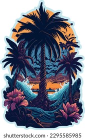 digital painting of a palm tree, rendered in a style reminiscent of traditional oil paintings. The design is intended for use as a t-shirt graphic, and would make a great addition to any wardrobe.