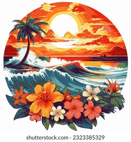 Digital painting Paradise art picture with summer theme. flowers, beach, palm very beautiful for logo, sticker, 