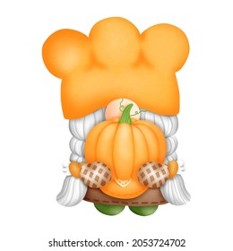 Digital painting pumpkin gnome watercolor element. Autumn Gnome Vector illustration