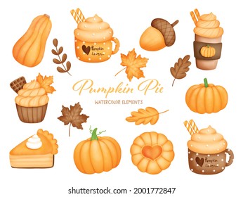 Digital painting pumpkin pie watercolor element. Vector illustration