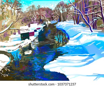 digital painting of rural landscape with river and forest in winter, vector illustration
