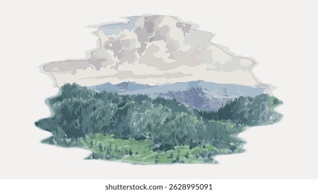 Digital painting of a scenic landscape with lush green hills and a cloudy sky. The landscape painting captures nature's beauty with green hills and a serene sky. Vintage art illustration vector.