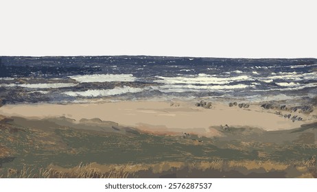 Digital painting of a serene beach with waves crashing on the shore. The beach scene captures the ocean's waves and sandy shore in a tranquil setting. Vintage art drawing, isolated vector element.