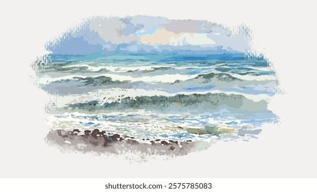 Digital painting of a serene seascape with waves crashing on rocky shore. The seascape captures the ocean's beauty with waves and rocks in a tranquil setting. Vintage art drawing illustration vector.