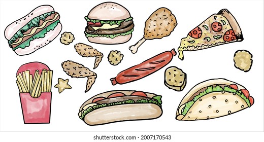 Digital painting set of junk food or fast food isolated on white background. 