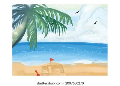 Digital Painting Summer beach landscape with coconut trees and sand castle