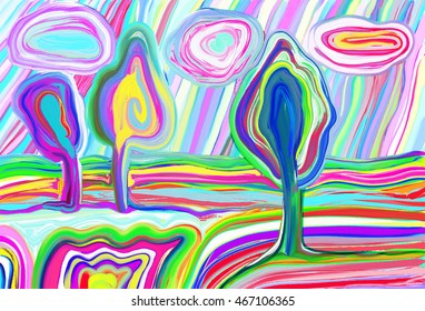 digital painting of summer landscape, creative artwork inspiration, modern impressionism, vector illustration