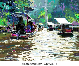 digital painting of Thailand river, plein air contemporary art, vector illustration