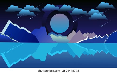 digital painting of a tranquil night scene with a large, bright moon reflecting off a still lake mountains rise in the background their peaks silhouetted against the night sky The sky is filled with t