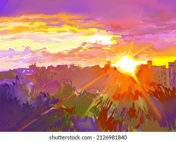 Digital painting of a vibrant beautiful sunset