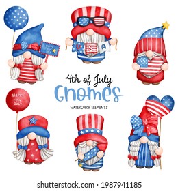 Digital painting watercolor 4th of July element with gnome, Independence day element. 