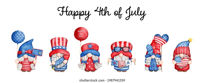 Digital painting watercolor 4th of July gnomes banner. Happy 4th of July. Independence day gnome. 