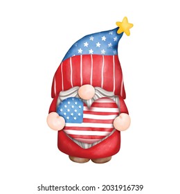 Digital painting watercolor 4th of July element with gnome, Independence day element. isolated on white background