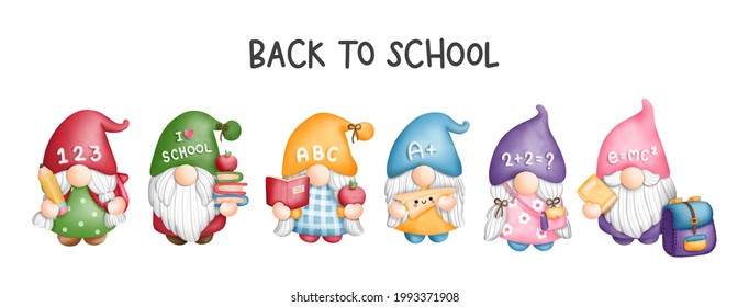 Digital painting watercolor back to school Gnome, student Gnome greetings card. back to school banner