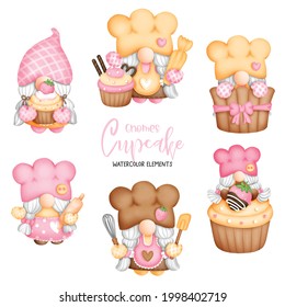 Digital painting watercolor baker gnomes elements, cupcake gnome