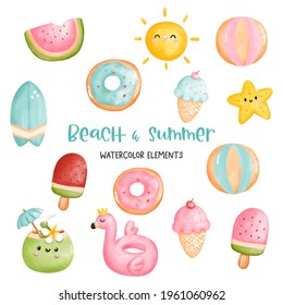 Digital painting watercolor beach and summer elements