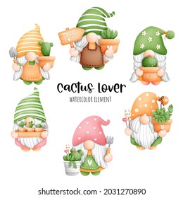 Digital painting watercolor cactus gnome element. plant and gardening vector.