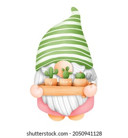 Digital painting watercolor cactus gnome element. plant and gardening vector.