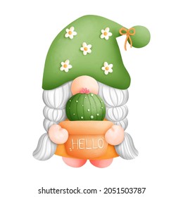 Digital painting watercolor cactus gnome element. plant and gardening vector.