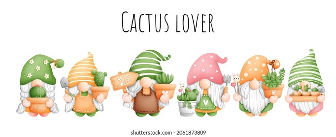 Digital painting watercolor cactus gnome banner. plant and gardening vector.