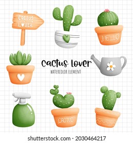 Digital painting watercolor cactus in the pot element. plant and gardening vector.