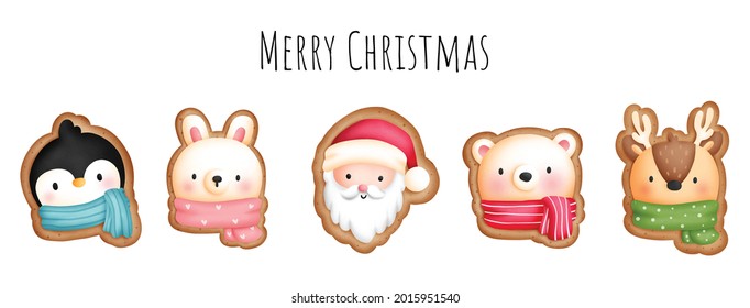 Digital painting watercolor Christmas Animal Cookies banner. 