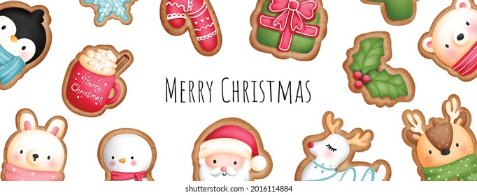 Digital painting watercolor Christmas Animal Cookies banner. 