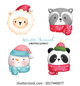 Digital painting watercolor Christmas animal face element
