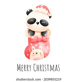 Digital painting watercolor Christmas baby panda in sock isolated on white background, Christmas element vector.